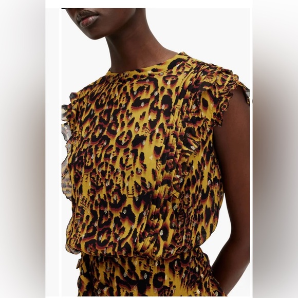 All Saints Hali Pleated Leopard Notes Yellow Multi Mini Dress Size 8 NWT - Picture 5 of 16
